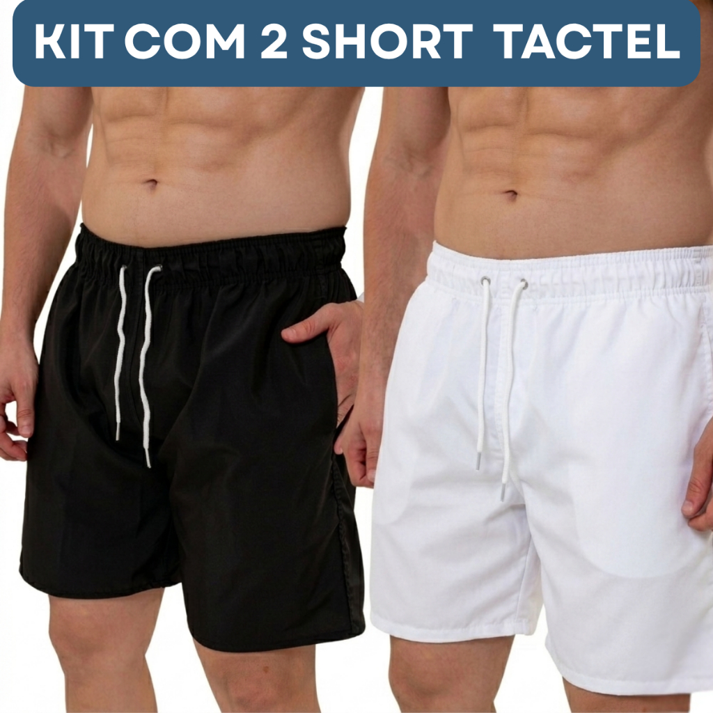 KIT C/02 Short Tactel Masculino Bermuda C/Elastano Reforçado 3 Bolso UsoTreino Academia Praia Casual