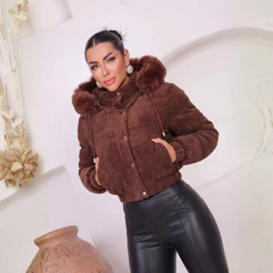 Jaqueta Puffer Cotelê Canelado Dupla Face Nylon Femenina Com Capuz Removível 2026
