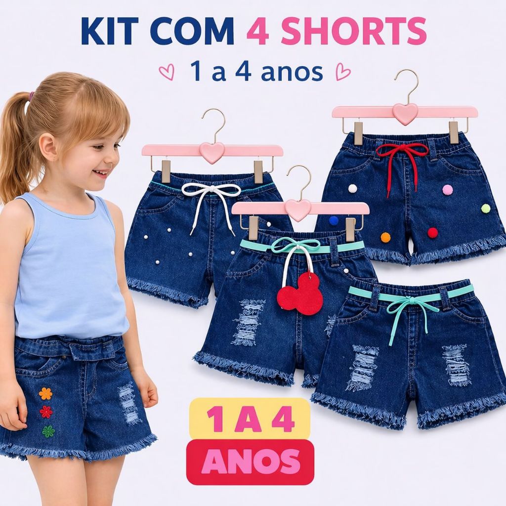 Kit 4 Short Jeans Infantil Feminino Moda Verão com Cordão e Detalhes Diferenciados