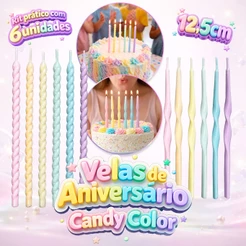 Vela De Aniversário Palito Candy Color 12,5Cm Kit 6 Unidades Espiral Ou Torcida Silver Festa
