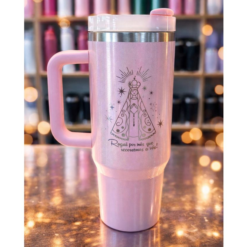 arrafa Térmica Personalizada a Laser Nossa Senhora 1200ml com Canudo e Alça
