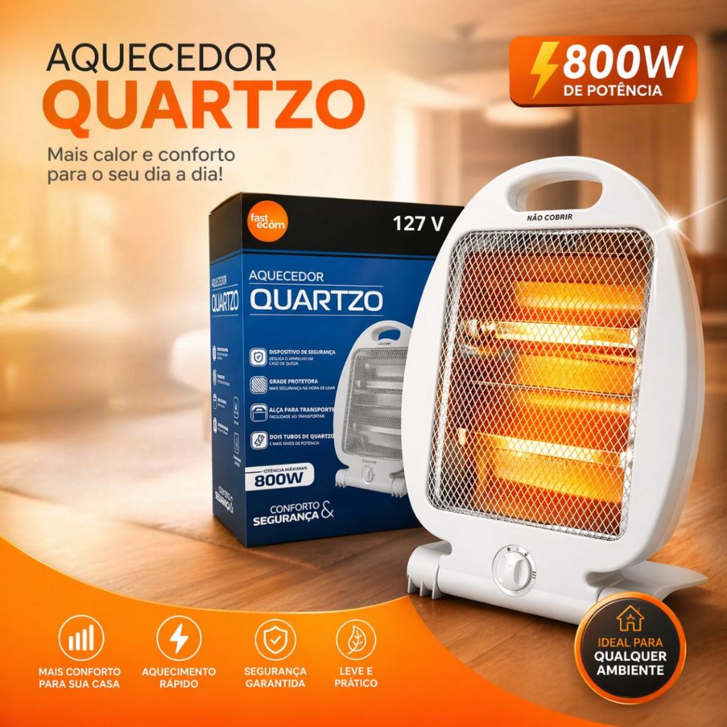 Aquecedor Elétrico 127V Portátil 800W Quartzo Aquecedor de Ambiente Rápido e Econômico