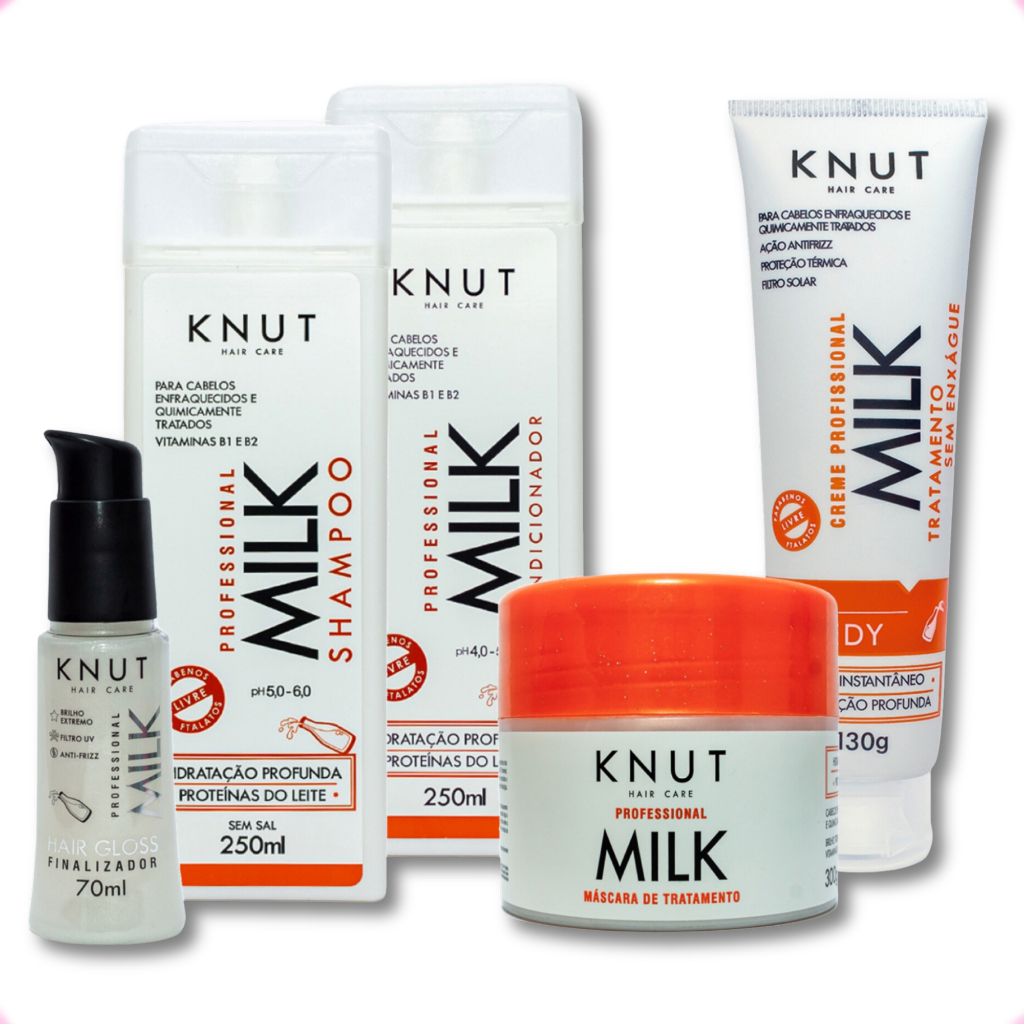 Kit Knut Milk Tratamento Diário com Finalizadores – Hidratação Profunda - Shampoo+Condic+Máscara+Hair Remedy+Hair Gloss