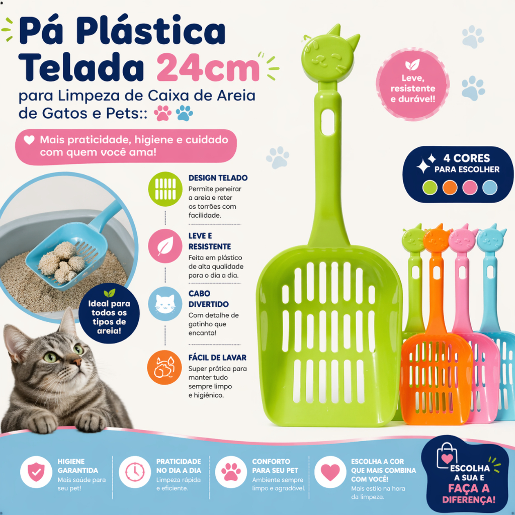 Pá Plástica Telada 24cm para Limpeza de Caixa de Areia de Gatos e Pets