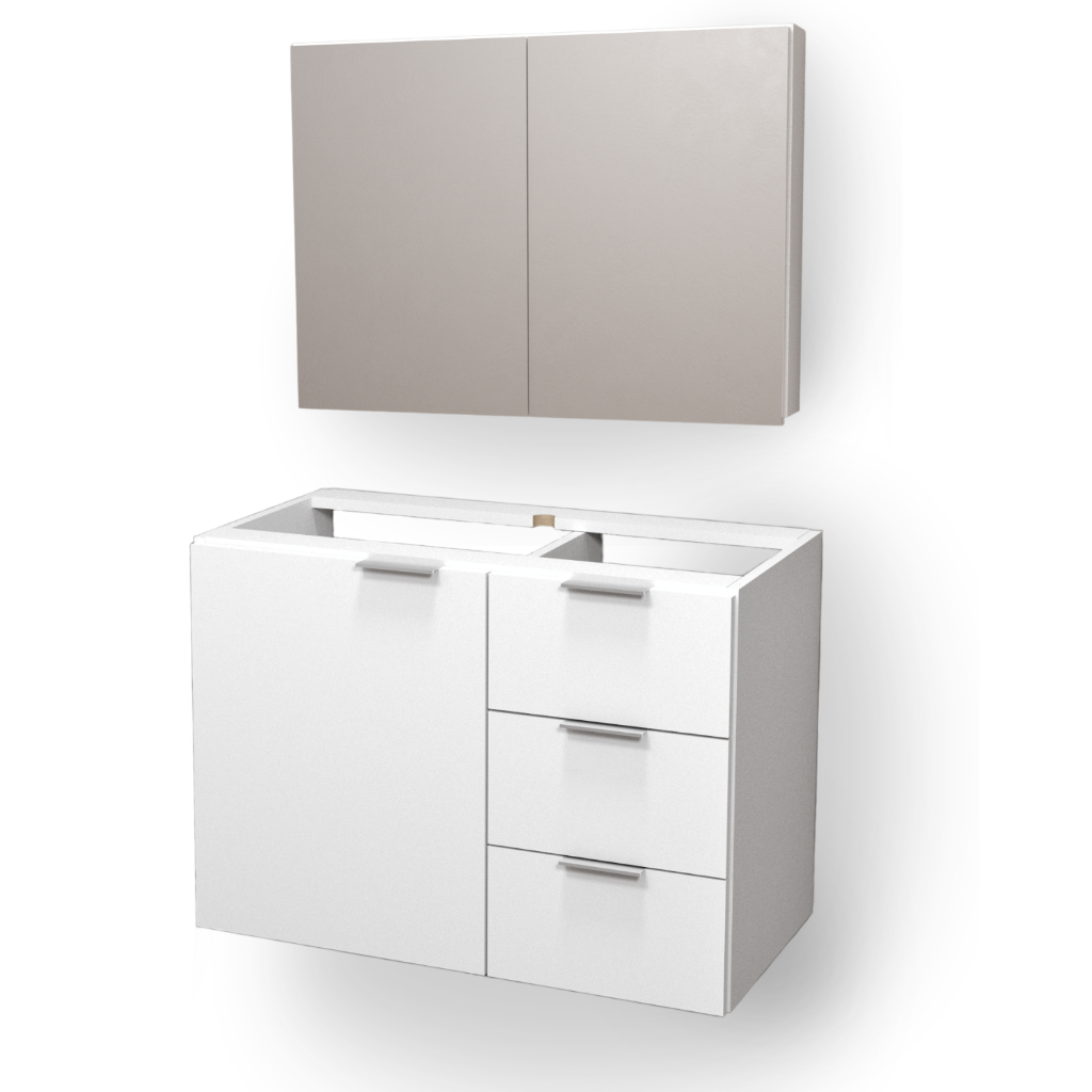 KIT Armário Aéreo Com Espelho + Gabinete Sem Tampo Para Banheiro MDF Branco 70cm Direito Sem Fundo Puxador Prata
