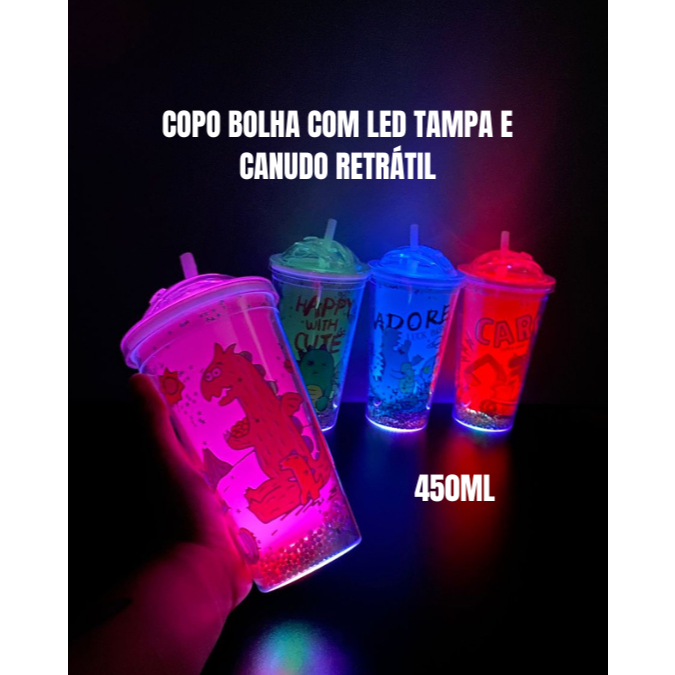 Copo Bolha Com Led Tampa e Canudo Infantil 4 Cores Com Bolinha, Estrelas e Glitter Parede Dupla Canudo Retrátil