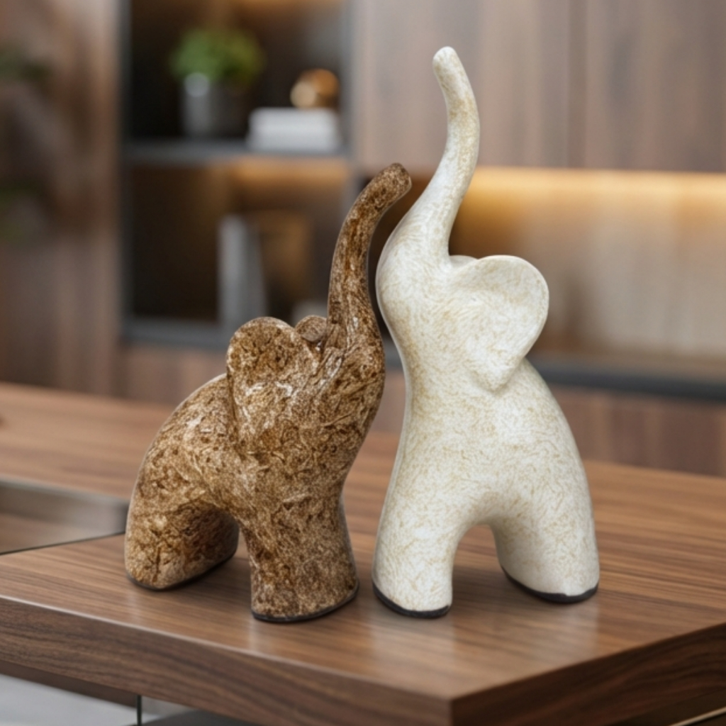 Kit 2 Elefantes Decorativos Cerâmica Tromba Para Cima Feng Shui Sorte Prosperidade Sala Escritório