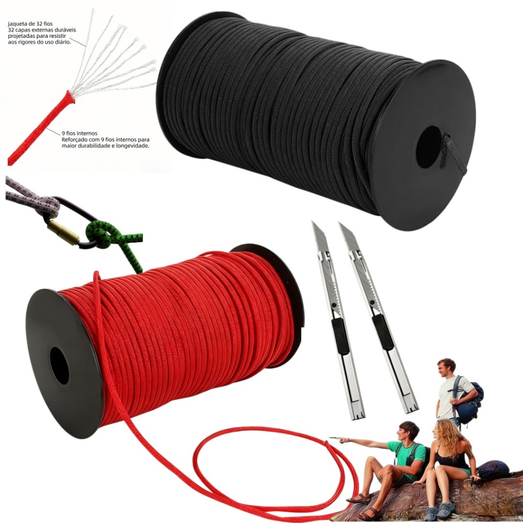 Corda Outdoor Paracord 550 4mm com 9 Filamentos 200Mt Trekking Camping Caminhada
