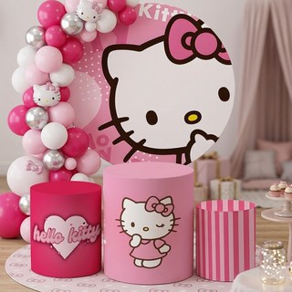 Kit Festa Aniversário Decoração Capa Painel + Trio Cilindros Veste Fácil Hello Kt