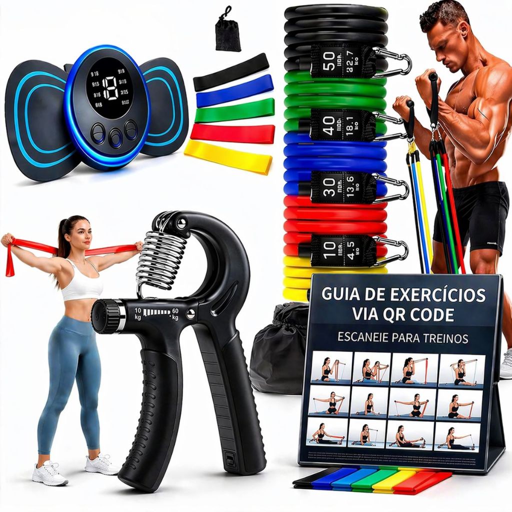 Kit 20 itens: 11 Extensores + Handgrip + 5 Minibands + Massageador + Thera Band