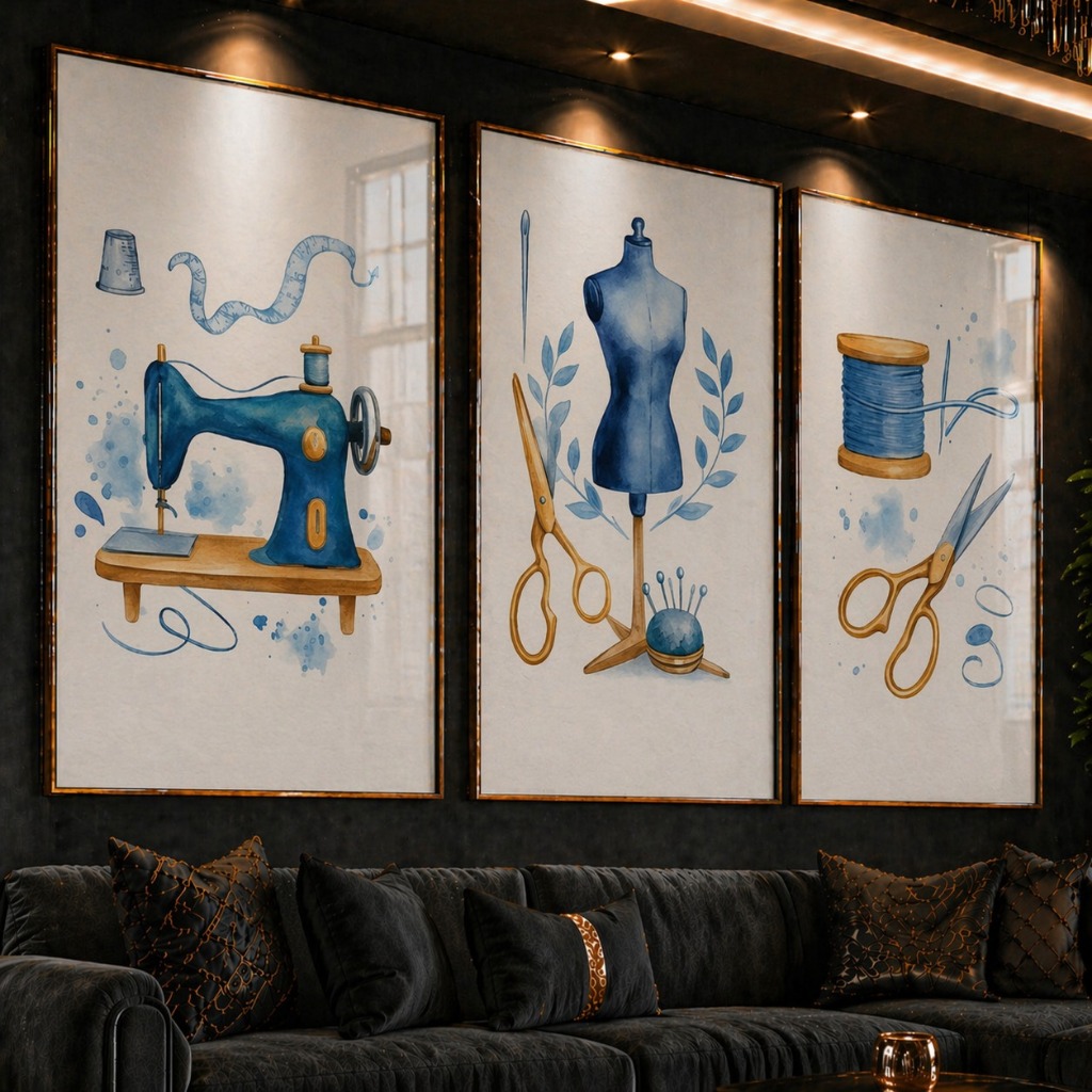 Quadro Decorativo Costura Atelier - Kit 3 Peças Máquina, Manequim e Tesoura