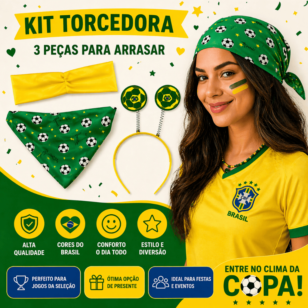 Kit Torcedora Brasil Copa 3 Peças Faixa Bandana Tiara Feminino