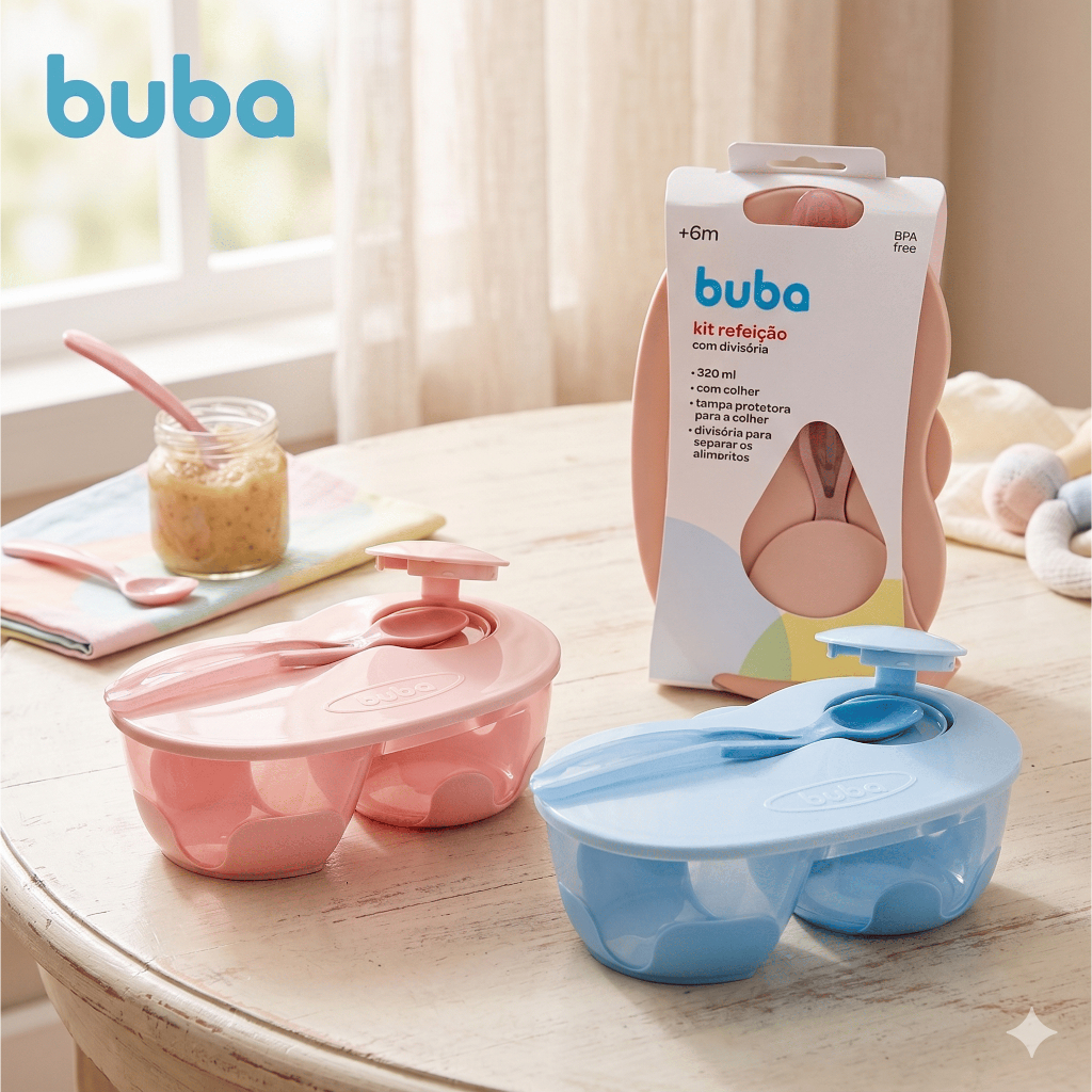Kit Refeição Infantil Com Divisória E Colher Buba - Rosa/Azul