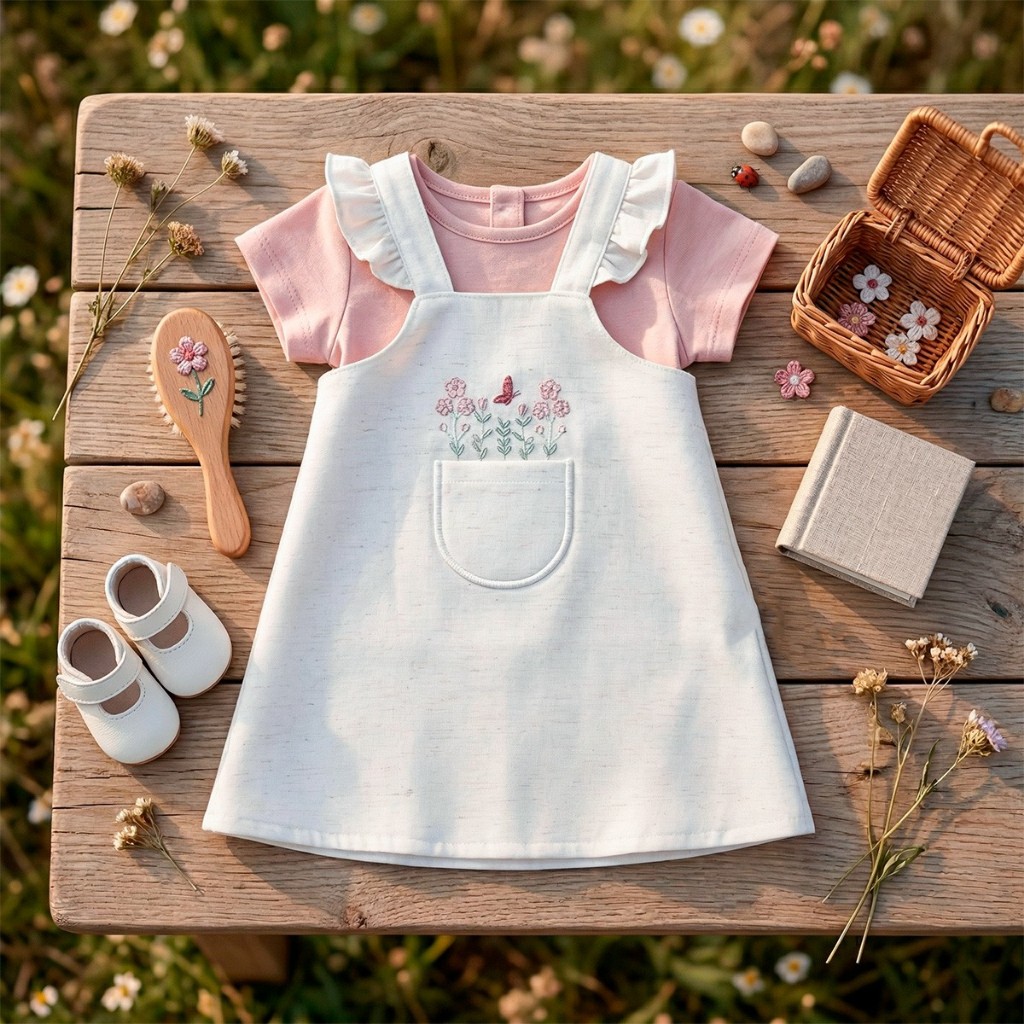 Conjunto Jardineira Bebê 2 Peças 100% Algodão Camiseta Bordado Floral Confortável Premium Luxo