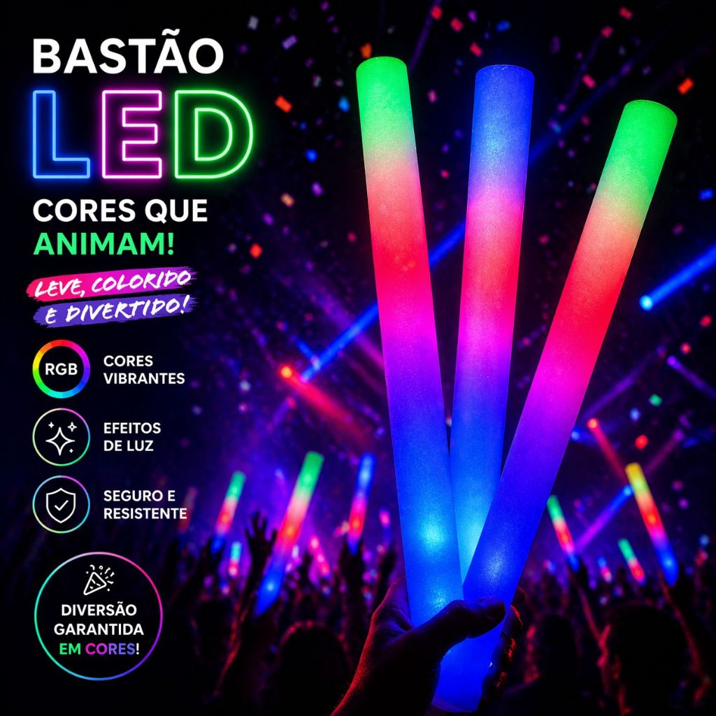 Kit 10/20/30/40 Bastão de Led Espuma Neon Brilho, Festa, Rave Show, Colorido, Casamento, Divertidos