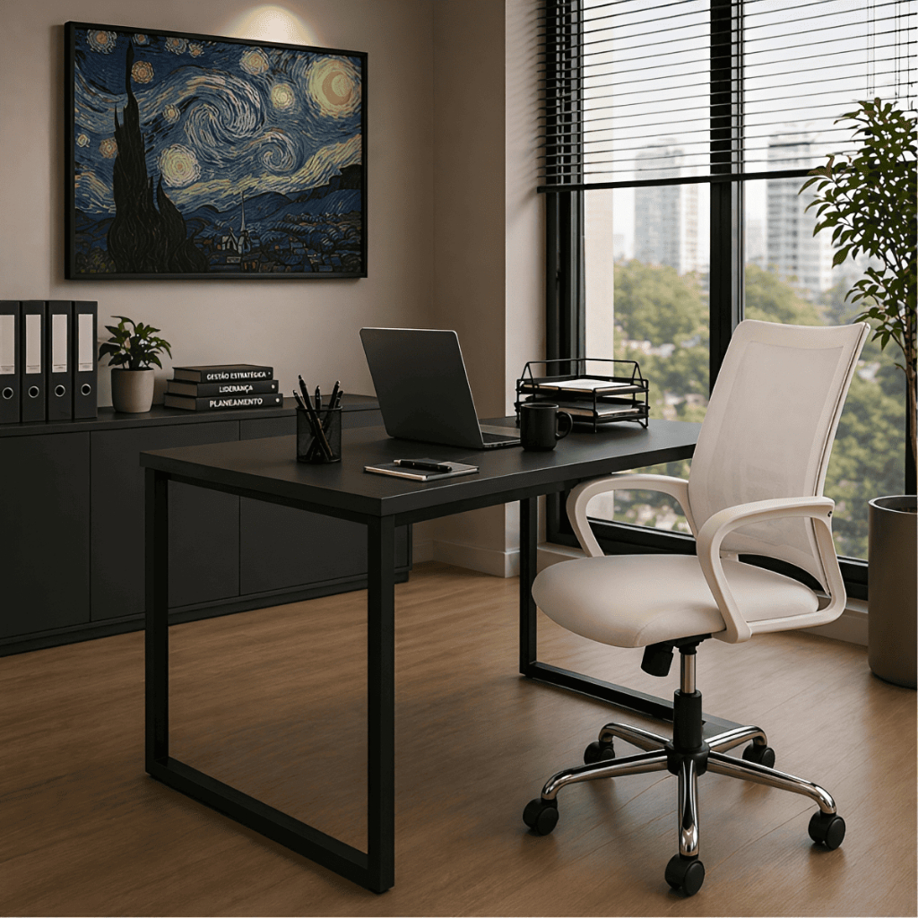Mesa Industrial Home Office 90x60 + Cadeira Confortável com Tela Mesh Estilo Home Office Regulavel