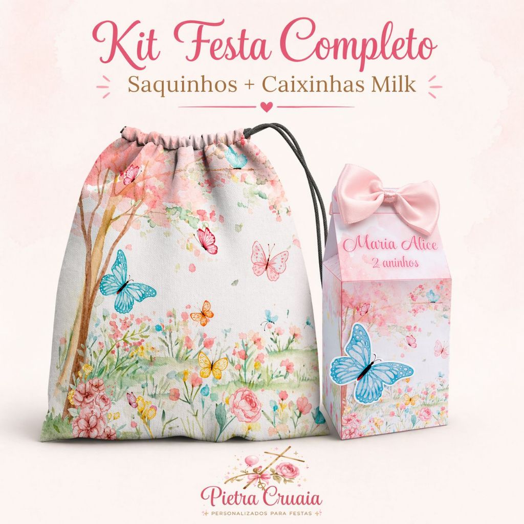 Kit com 10 saquinhos 15x20cm + 10 Caixinhas Milk- Jardim Encantado/ Chapeuzinho Vermelho e outros Temas