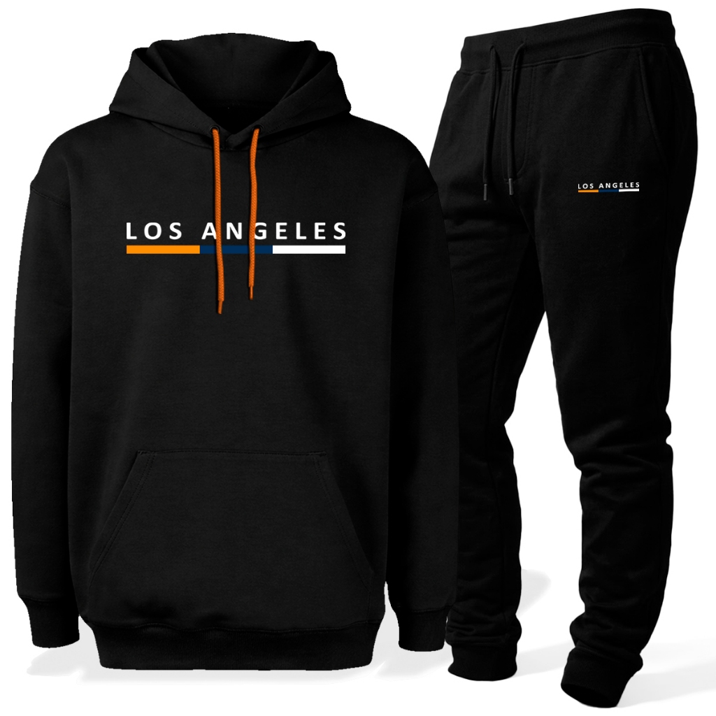 Kit Conjunto Moletom Los Angeles Estampa Calça Jogger Blusa Canguru Capuz Bolso Flanelado Quentinho