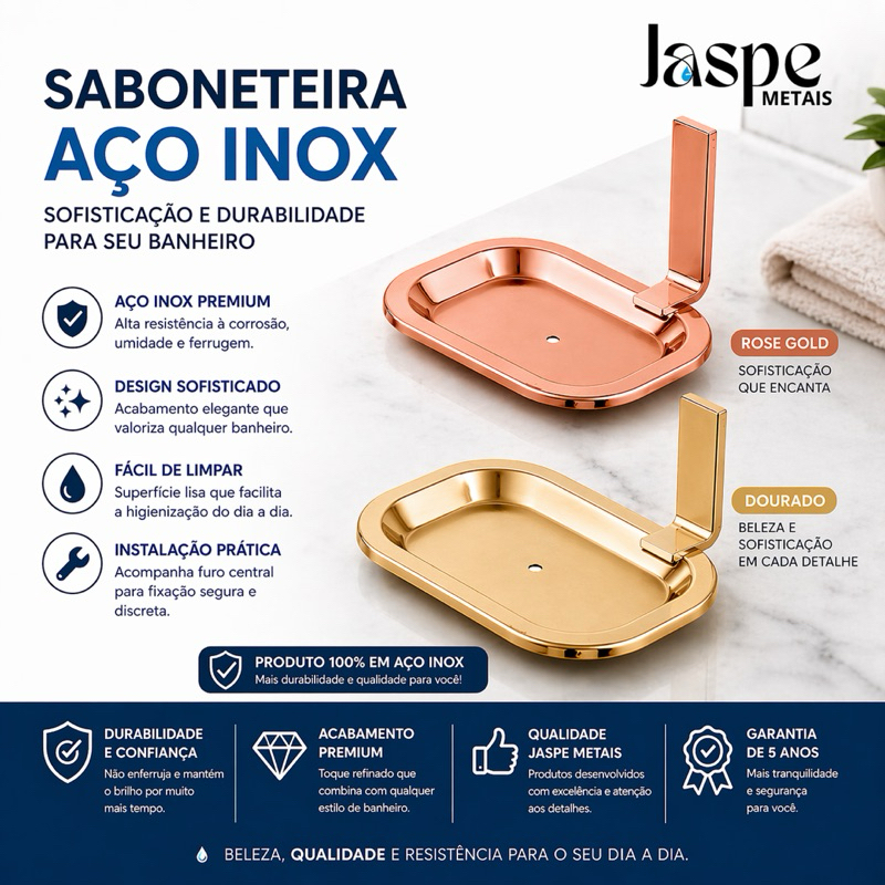 Saboneteira Quadra Aço Inox Parede Dourado e Rose Gold Luxo | Suporte Sabonete Banheiro