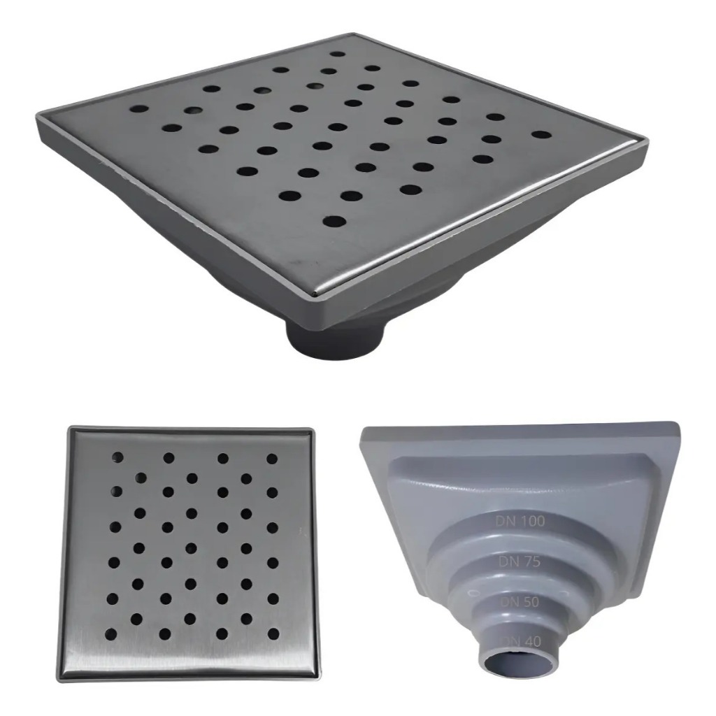 Ralo 15x15 Bolinha Inox 430 Espelhado Multi Saídas 2 Telas Cinza