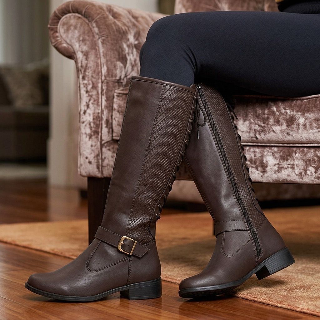 Bota Feminina Estilo Montaria Salto Baixo Cano Longo Ajustável Zíper Fivela Couro Sintético