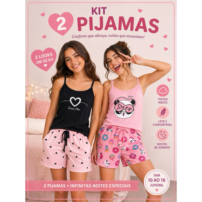Kit 2 pijamas Menina 10 12 14 16 confortável