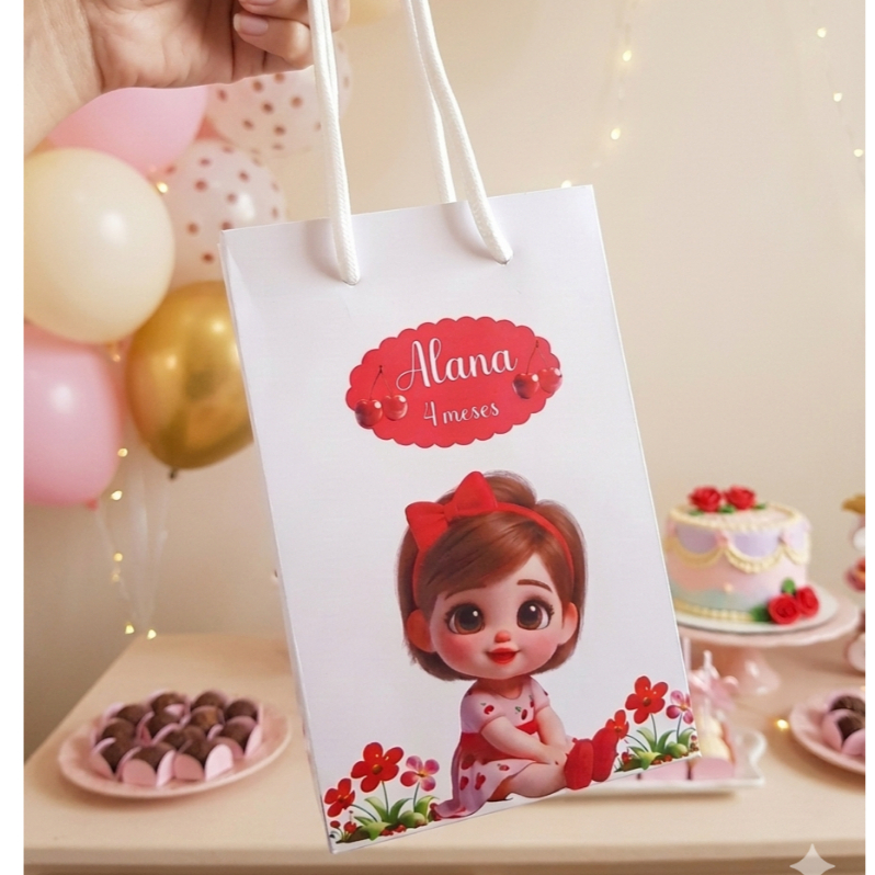 Sacolinha Personalizada Infantil Cerejinha | Lembrancinha Luxo Festa | Tema Cerejinha / Aniversário / Mesversário