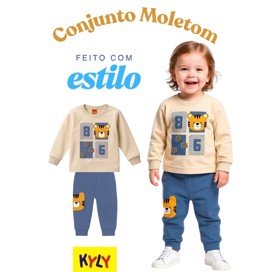 Conjunto Infantil Menino Tigre Kyly ,em moletom forrado,com punho mas mangas e na calça,inverno 2026