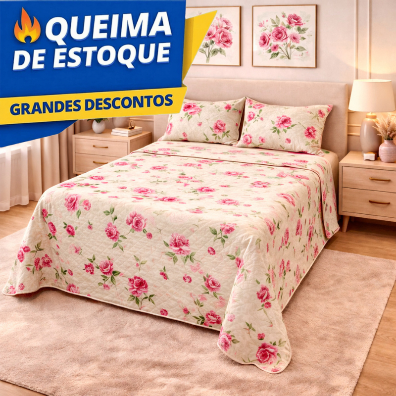 Conjunto Cobre-Leito Matelassado 3 Peças com Porta-Travesseiros Reversíveis