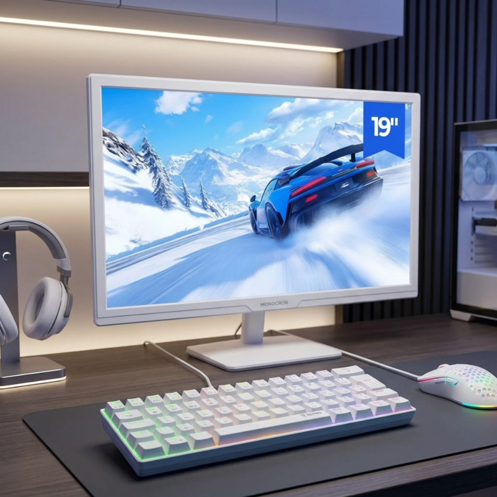 Kit Gamer Monitor 19" Teclado Mecânico LED Mouse Gamer Branco 7.200 DPI RGB Rainbow Jogar Jogos