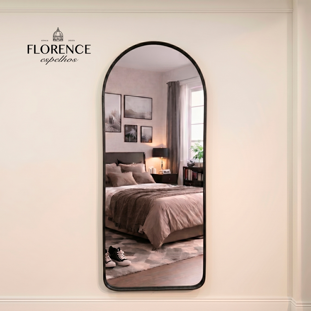 Espelho Verona Oval Base Reta Corpo Inteiro Com Moldura em Couro Premium 120x50 Sala Quarto