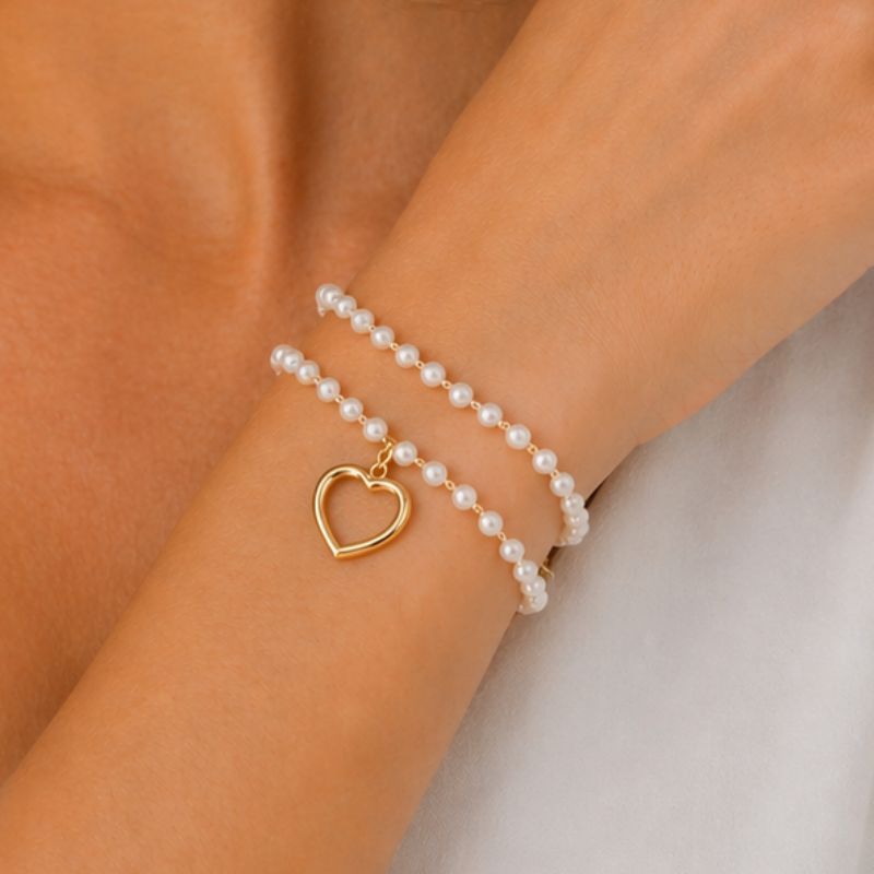 Kit Pulseiras Pérolas Femininas com Coração Dourado + Clássica Delicada Elegante Luxo Semijóia