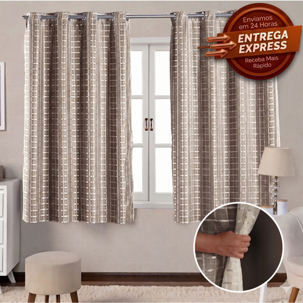 Cortina Blackout PVC 2,00m x 1,40m Com Voil Xadrez Para Quarto, Sala, Escritórios Em Diversas Cores