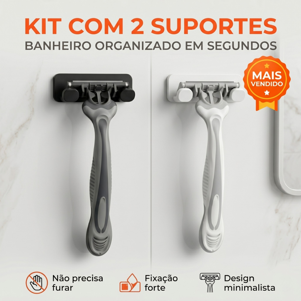 Kit 2 Suporte Gillete Parede Sem Furo Adesivo 3M Fixação Forte Banheiro Organizado Moderno Premiums