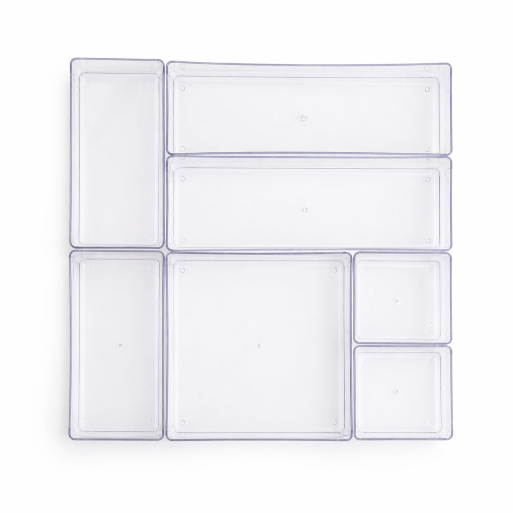 Kit C/7 Acrilicos Organizadores Empilhaveis Transparente Gaveta Geladeira Escritorio Maquiagem