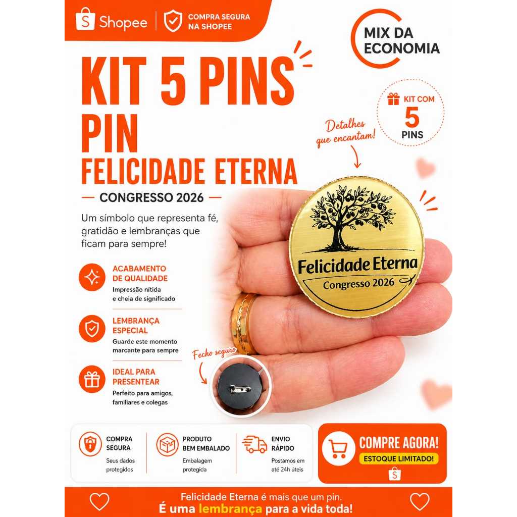 Kit 5 Pins Felicidade Eterna 2026 Acrílico Lembrança Congresso Evento