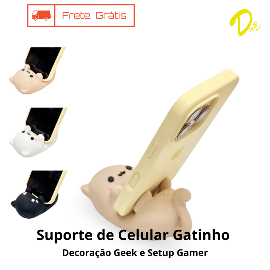 Suporte Celular Gato Kawaii Deitado Porta Smartphone Mesa Decoração Desk Setup Geek Gatinho Fofo