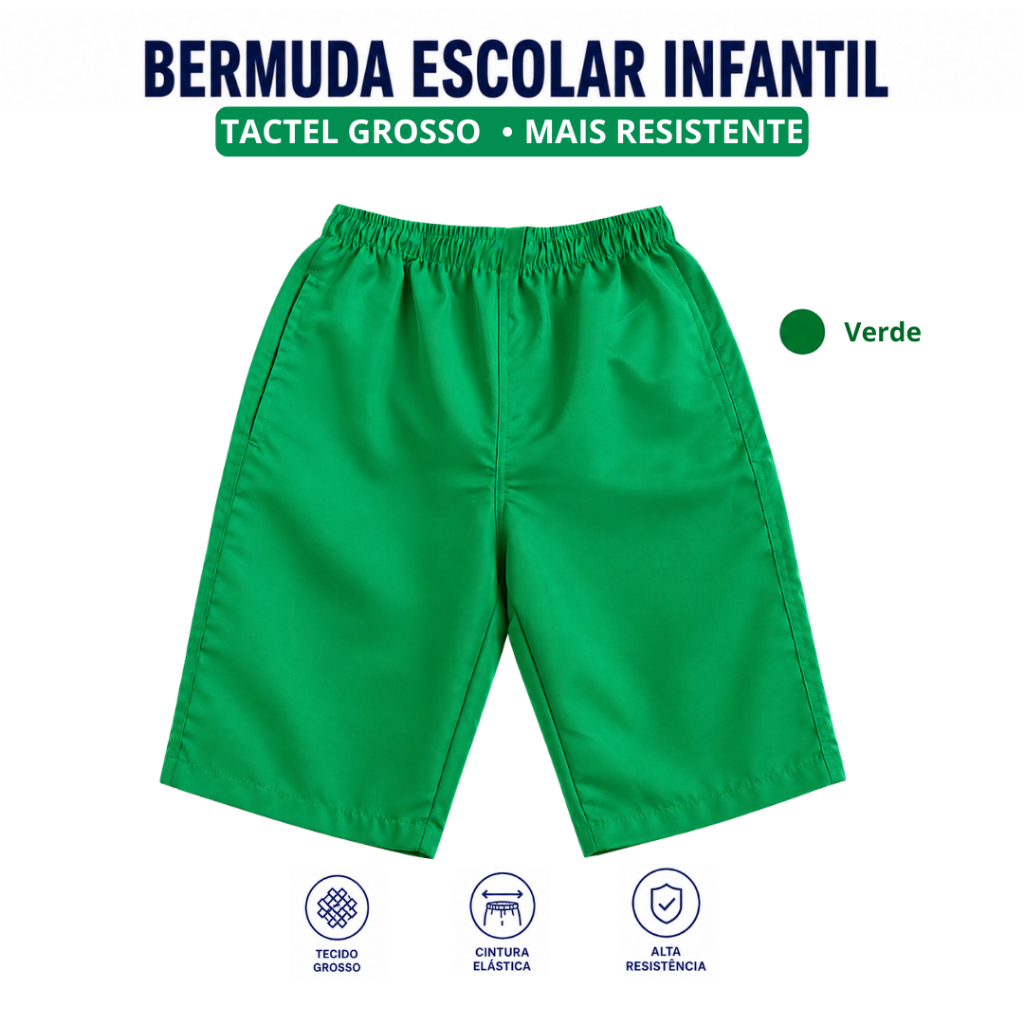Bermuda Escolar Infantil Masculina Verde Tactel Grosso Uniforme Menino Juvenil 2 a 16 Anos