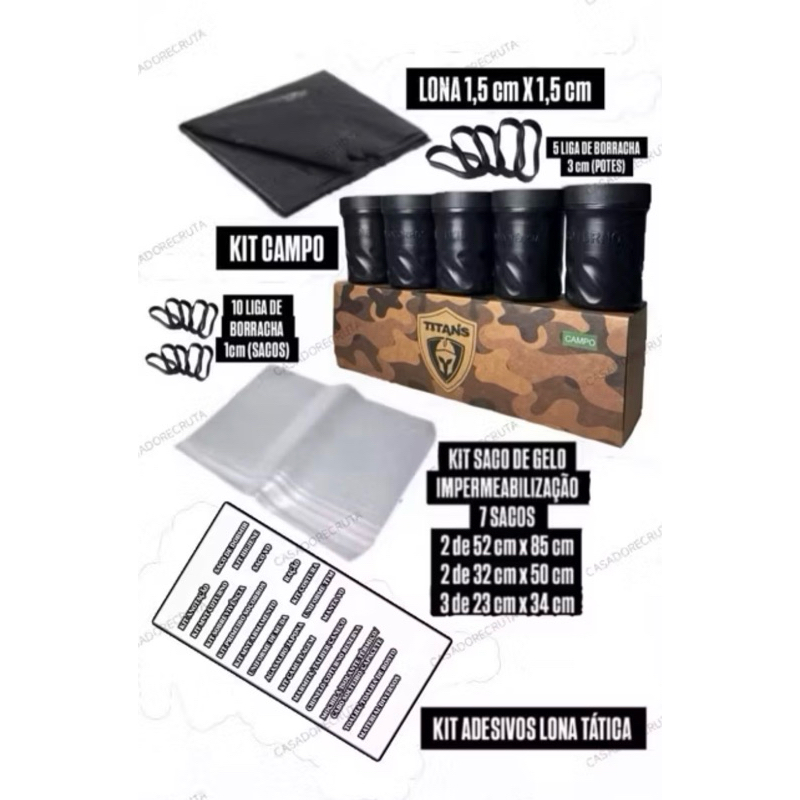 KIT CAMPO SOBREVIVÊNCIA + KIT 7 x SACO DE GELO IMPERMEABILIZAÇÃO + KIT ADESIVOS + LONA 1,5m X 1,5m