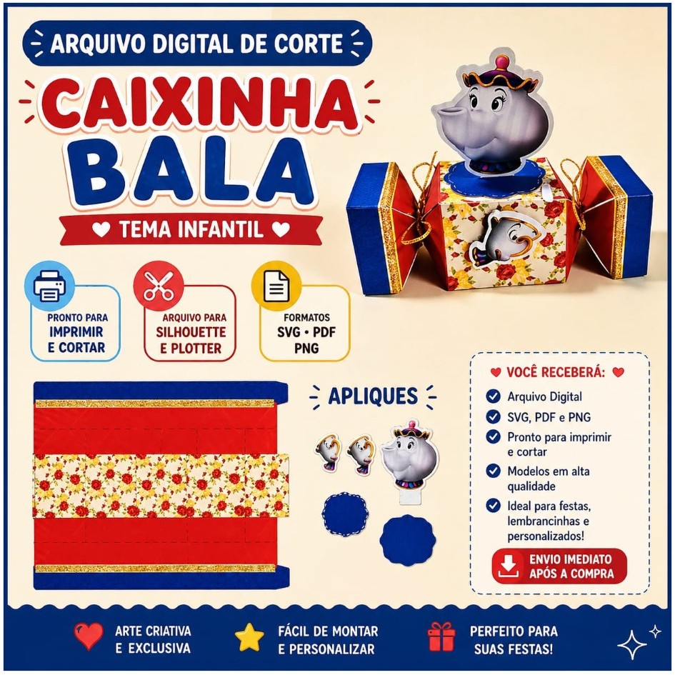 ARQUIVO DE CORTE DIGITAL Bela e a Fera - Molde Caixa Bala - SVG/ PDF/ PNG