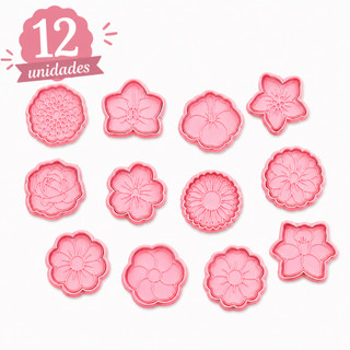 Kit Premiun 12 cortadores de biscoito com padrão de flores, molde de biscoito, cortadores de biscoito 3D