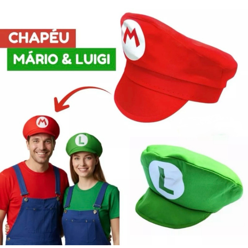Kit chapéu/Quepe Mario Bros e Luigi para festas carnaval Halloween Adulto e Infantil boina/quepe