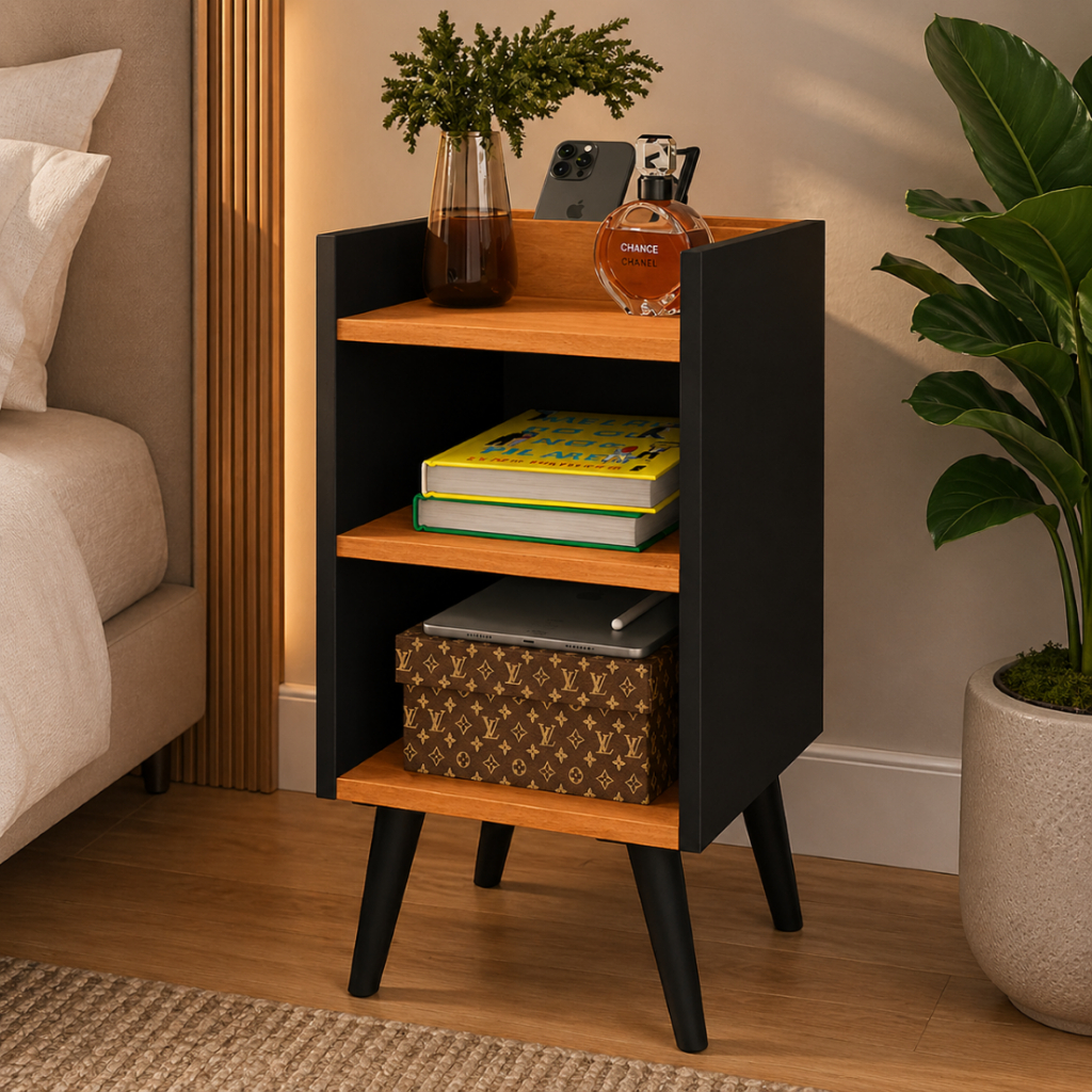 Mesa de Cabeceira Max com Nichos Moderna Preto Cinamomo Branco Off White Fendi