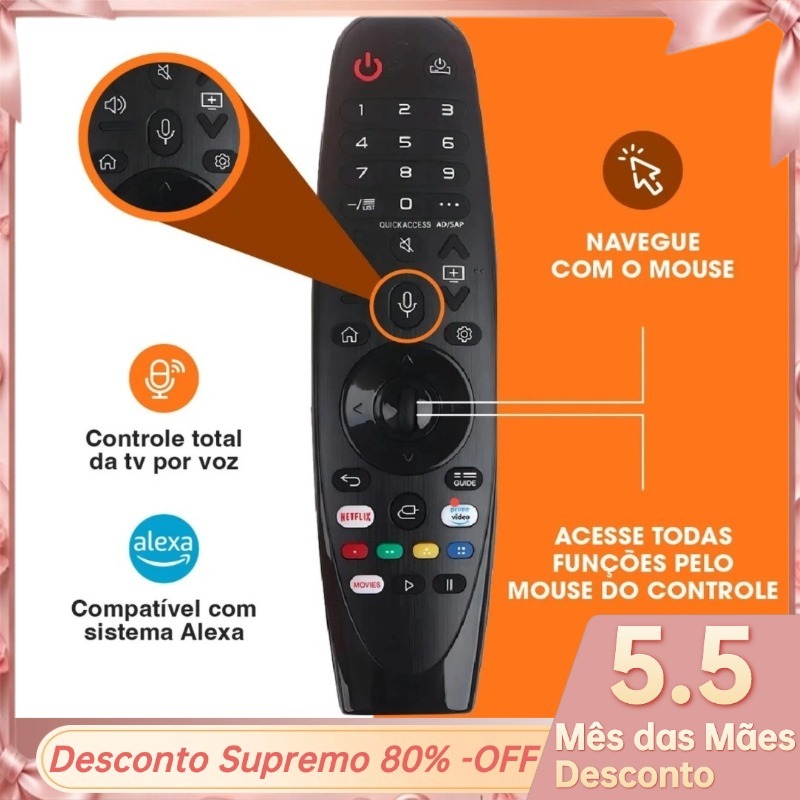 Imagem Controle Remoto TV Compatível com Função de voz e Mouse SMART TV NETFLIX e PRIME VIDEO para Televisão-HY-355