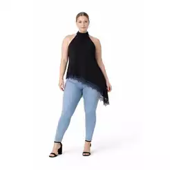 Blusa Plus Size Assimétrica com Renda Gola Alta 44-50