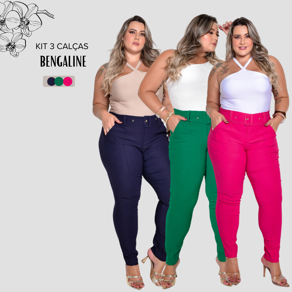 Kit c/ 3 Calças Femininas Plus Size Bengaline Bolsos + Cinto Dia A Dia Trabalho Reduz Pochete