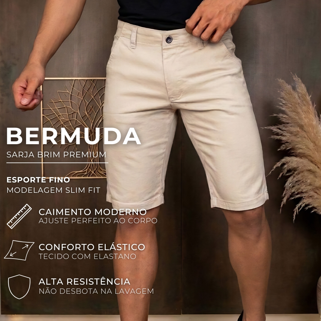 Bermuda Masculina Sarja Slim Brim Elastano Confortável Casual Esporte Fino Premium Direto de Fábrica