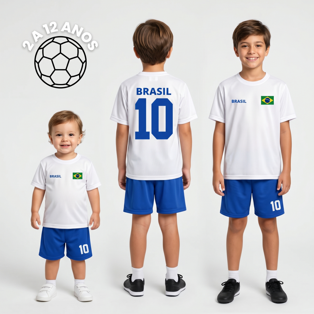 Conjunto Infantil do Brasil Branca Camiseta + Bermuda Uniforme 2 a 12 anos