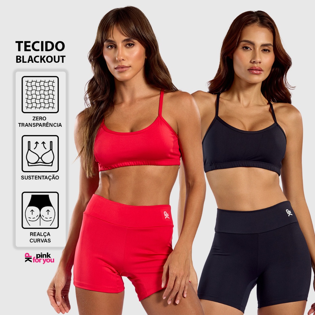 Kit 2 Conjuntos Fitness Básico Feminino Top Alcinha Short Meia Coxa Zero Transparência Academia