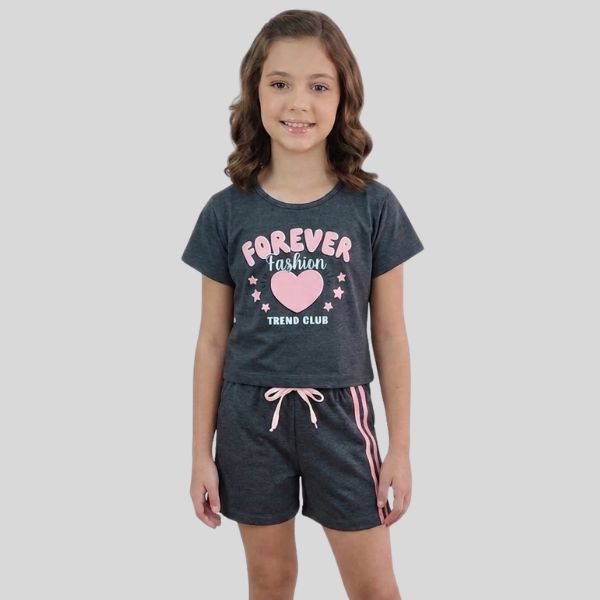 Conjunto Infantil Roupa Menina Blusa Cropped Preto Mescla e Shorts Meia Malha Moda Verão Confortável